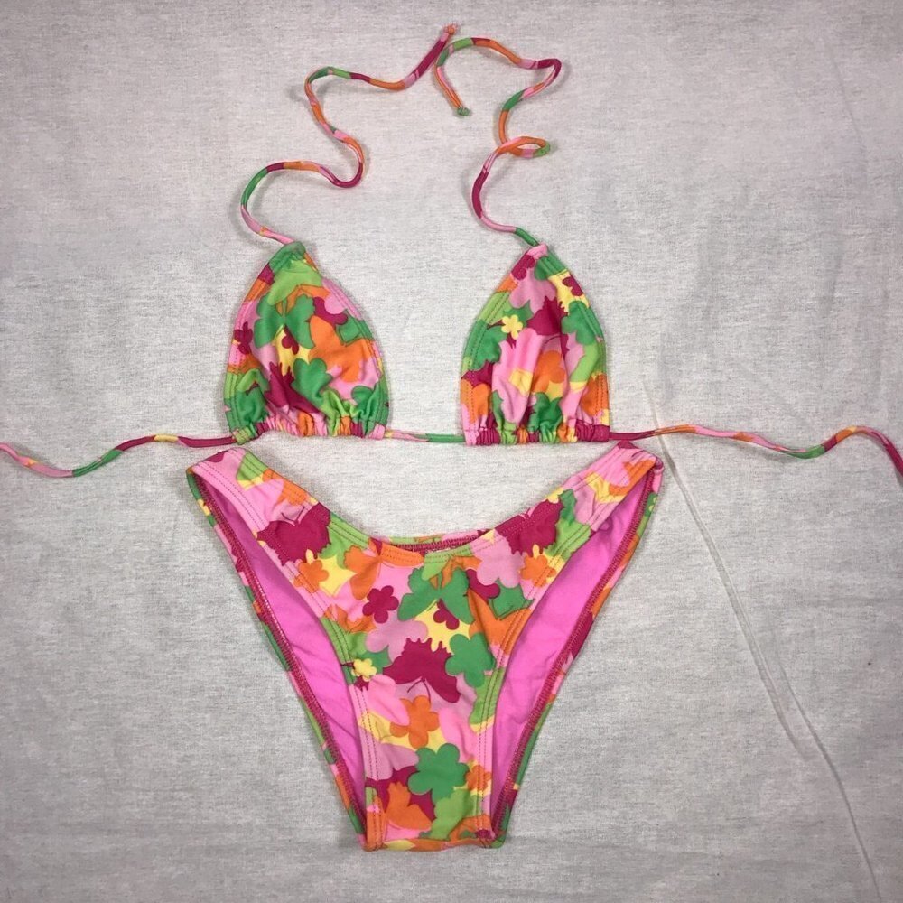 Recco Size Medium Brazilian Pink Floral & Butterflies Print Bikini Set. New